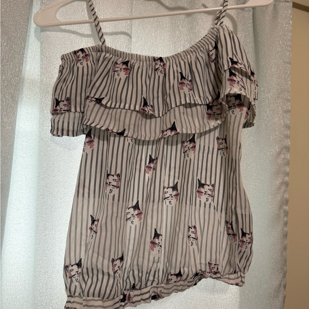 Striped Cat Print Off-Shoulder Top